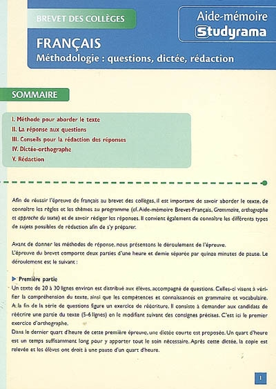 Français, méthodologie : questions, dictée, rédaction