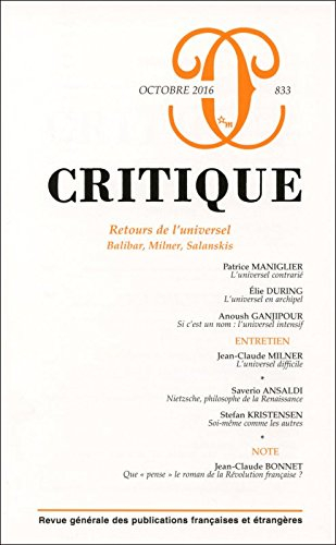 Critique, n° 833. Retours de l'universel : Balibar, Milner, Salanskis