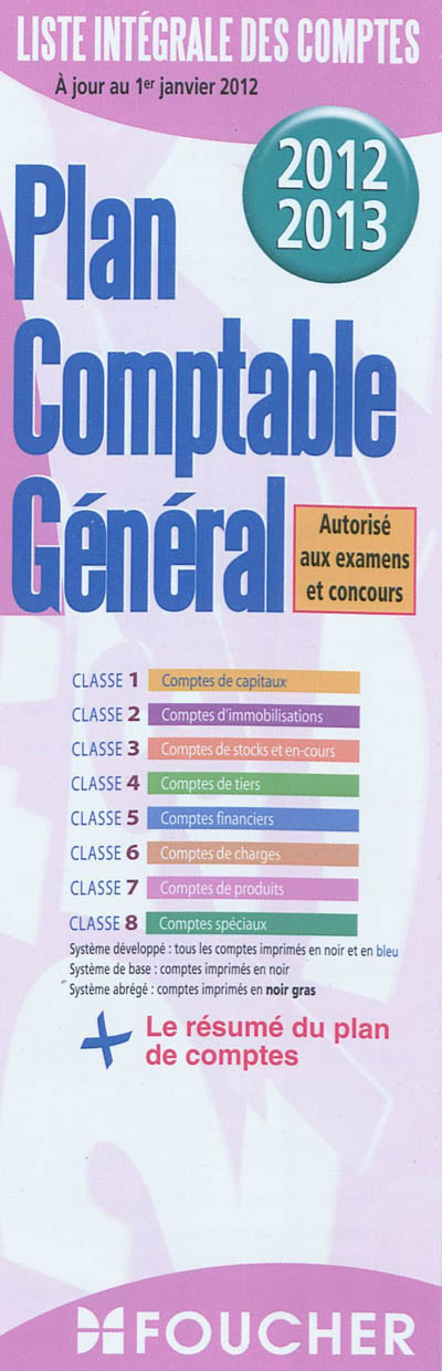 Plan comptable général 2012-2013 : liste intégrale des comptes à jour au 1er janvier 2012