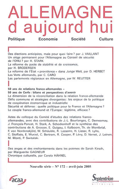 Allemagne d'aujourd'hui, n° 172. 50 ans de relations franco-allemandes, 50 ans de Cerfa : bilans et 