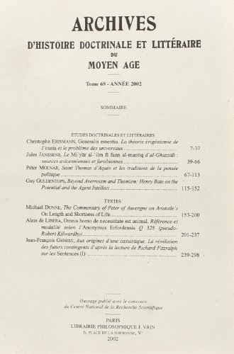 Archives d'histoire doctrinale et littéraire du Moyen Age, n° 69