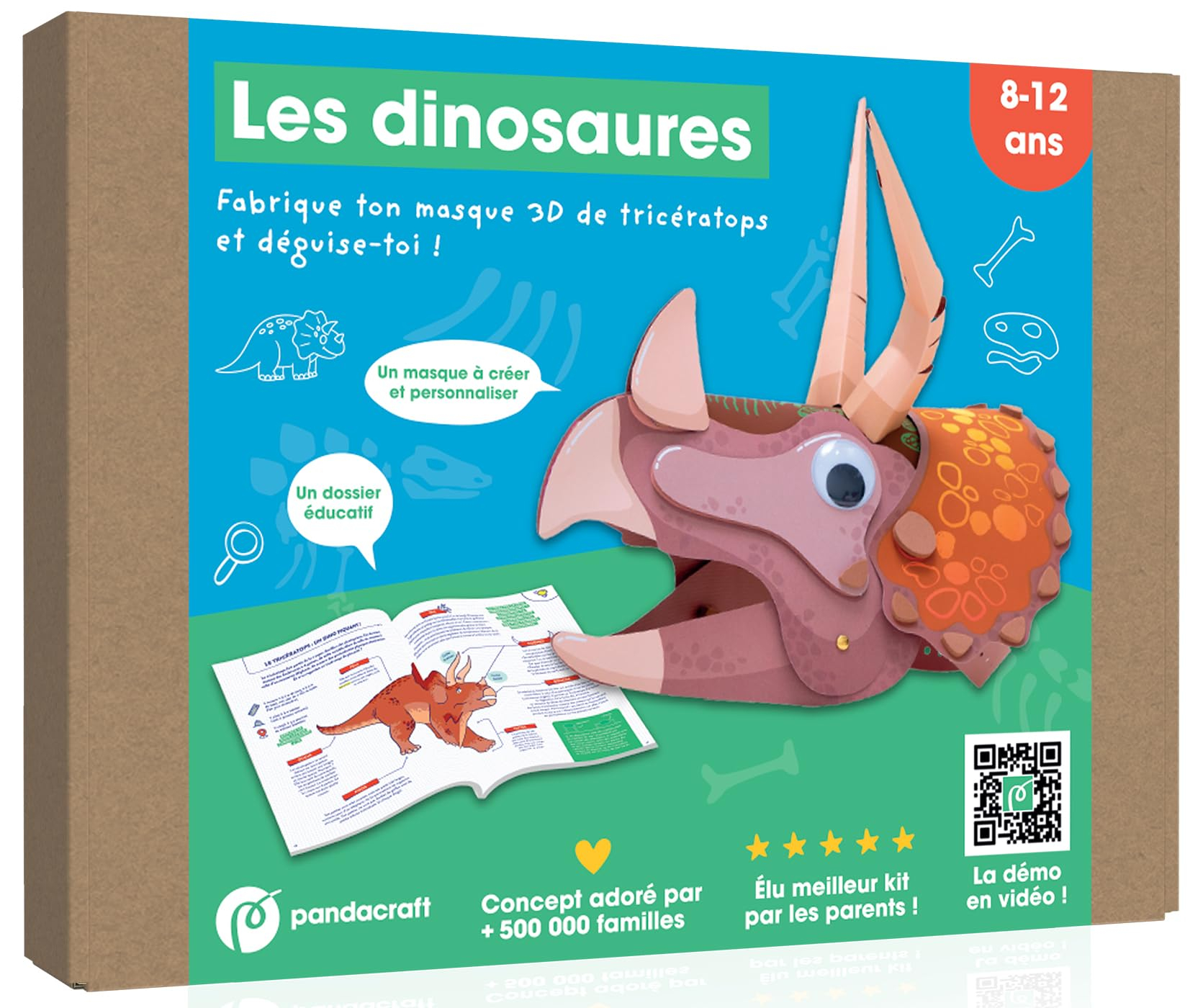 Les dinosaures : Kit Pandacraft 8-12 ans : Fabrique ton masque 3D de tricératops et déguise-toi !