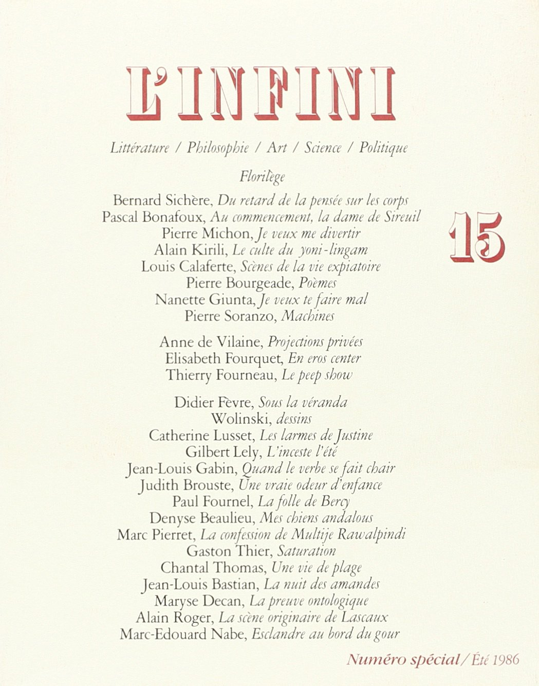 L'Infini, numéro 15, numéro spécial