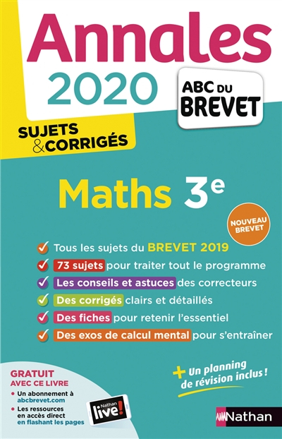 Maths 3e : annales 2020, sujets & corrigés : nouveau brevet